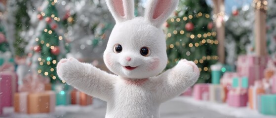 Cute white bunny doll with pink cheeks and big ears celebrates in a snowy festive setting surrounded by colorful gifts and holiday decorations during winter