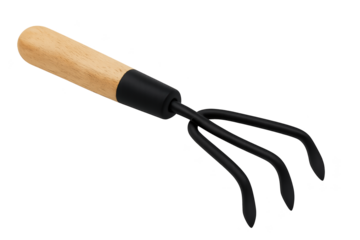 Wooden-handled kitchen fork with three curved black tines for food prep