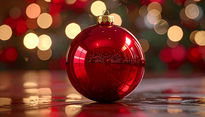 Crimson Orb of Celebration: A close-up shot of a glossy, red ornament. shimmering amidst a festive backdrop of out-of-focus lights. A symbol of holiday cheer and decorative elegance.