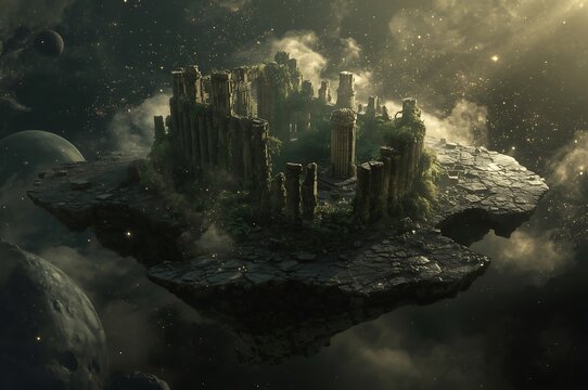 Majestic ancient castle ruins perched precariously atop a mystical floating island amidst ethereal clouds and starlight