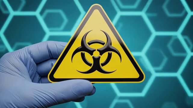 A blue gloved hand holding a yellow biohazard warning sign in a tech lab, chemical safety concept, hazardous chemical