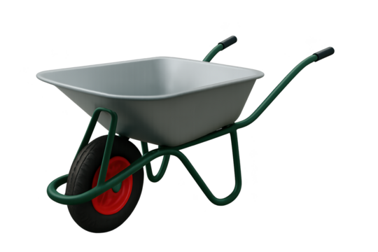 Gray wheelbarrow with green frame and red wheel, designed for gardening and hauling loads