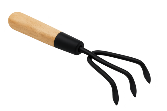 Wooden-handled kitchen fork with three curved black tines for food prep