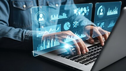 Businessman's hand pushing a button on a laptop screen for online communication and digital business concept