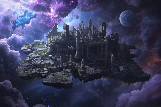 Majestic ancient castle perched on a rocky island floating amidst vibrant cosmic clouds and a distant moon - Powered by Adobe