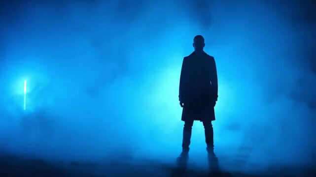Mysterious silhouette of a man in blue light, dramatic fog atmosphere