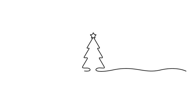 Self animated minimalist, continuous one-line drawing of a Christmas tree with a star on top