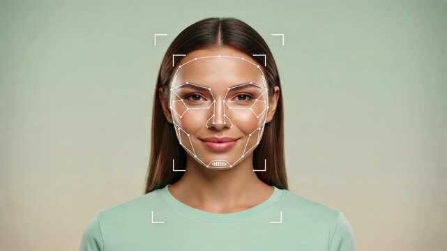 Confident woman with glowing skin and digital face scan lines technology showing identity verification and biometric access - Powered by Adobe