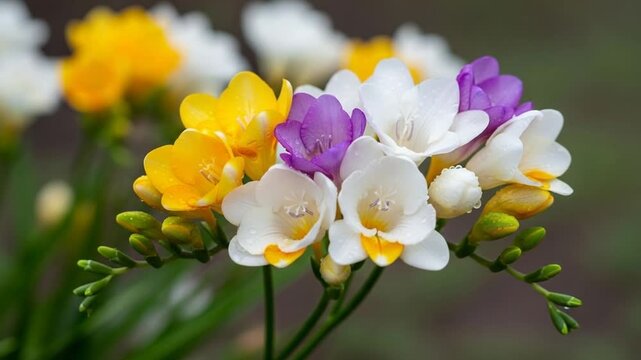Delicate Freesia Flowers In White Purple Yellow And Yellow Hues With Water Droplets Scattered On Petals Soft Focus Background