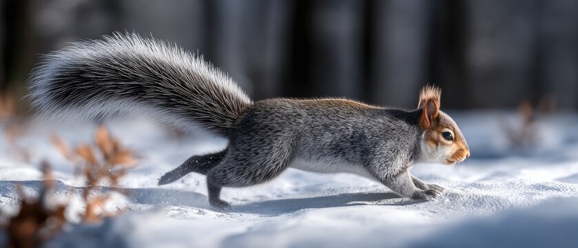 Squirrel running across snowy ground in a forest during winter with vibrant fur and bushy tail - Powered by Adobe
