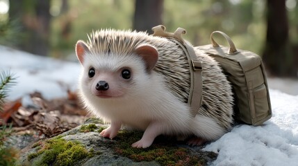 Hedgehog exploring a snowy forest with a small backpack during a sunny winter day, looking curious and adventurous