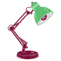 Vintage style adjustable desk lamp illustration with green shade and purple frame ideal for workspace or creative project visuals