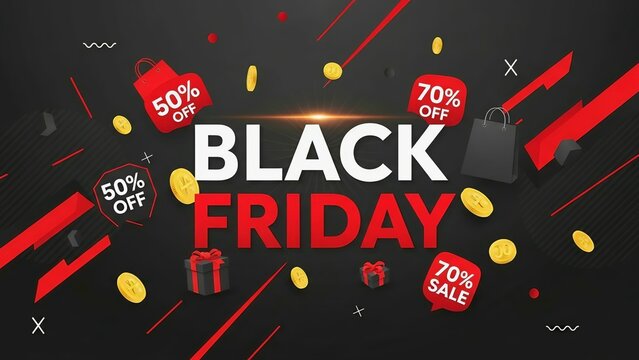 Modern black friday banner with red accents discount tags shopping bags coins and gift boxes on dark background. AI generated.