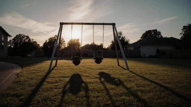 Empty Swing Set In Yard At Sunset With Long Shadows And Golden Light Through Trees