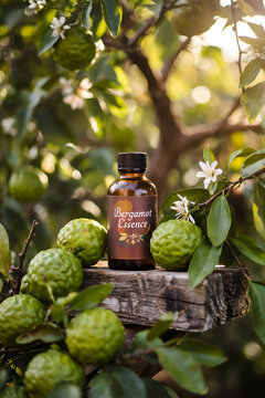 bergamot essential oil bottle around bergamote fruits among garden. Ai generated