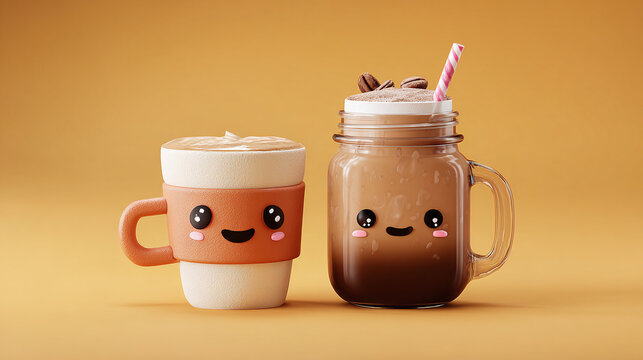 Adorable cartoon coffee cups with smiling faces, a playful and cheerful scene 