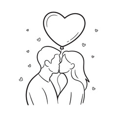 Couple kissing under a heart shaped balloon in a romantic sketch