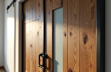 Obraz premium Wooden doors with black hardware and frosted glass panels in bright hallway