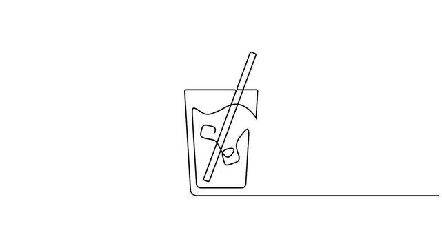 Video- Self animated continuous line drawing of a glass of a cold beverage with ice and a straw. Full length single line art animation