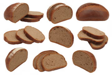 Collection of sliced and whole rye bread loaves and pieces isolated on a transparent background