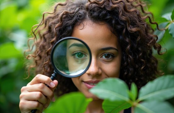 Woman holding magnifying glass to eye among green foliage for close view
