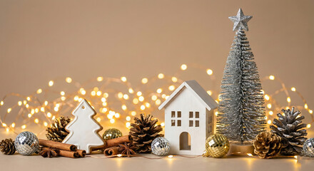 White Ceramic Christmas House and Bottle Brush Trees - Festive Holiday Village Background with Pinecones and Warm Bokeh Lights on Beige