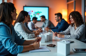 Business meeting with team collaborating around conference table during presentation