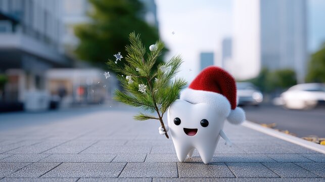 Cheerful tooth character holding a Christmas tree branch in an urban setting during the holiday season