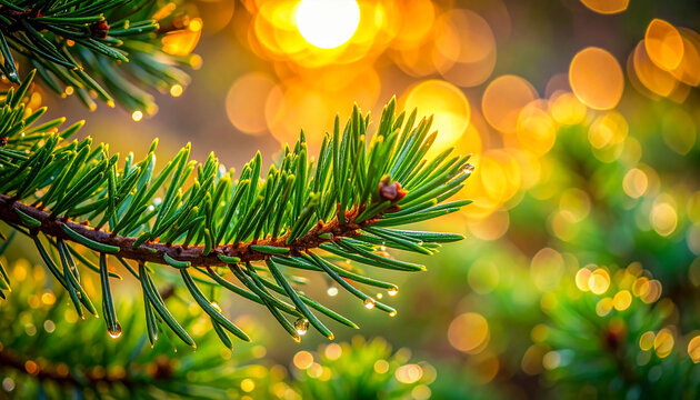 Evergreen Dewdrop: A close-up showcases vibrant green needles of an evergreen branch glistening with morning dew, set against a blurred background of warm sunlight.