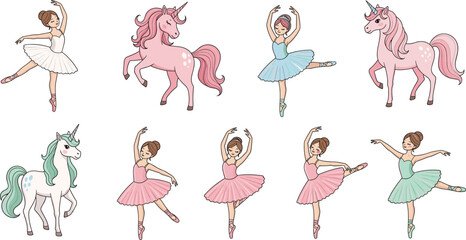 Elegant Vector Set of Ballerinas and Unicorns, Featuring Girls in Various Ballet Poses and Colorful Tutus, Alongside Magical Pink and Mint Unicorns for Fantasy and Dance Themes © MstMukta