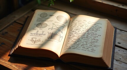 Obraz premium Open Book with Scientific Diagrams and Handwritten Notes in Sunlit Study Setting. 