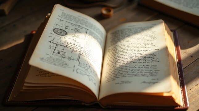 Open notebook with handwritten circuit diagram and sunlight on wooden surface. Educational and reflective image ideal for electronics, study, and editorial visuals.