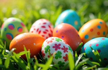 Naklejka premium Colorful Easter eggs resting in grass with floral and polka dot decorations