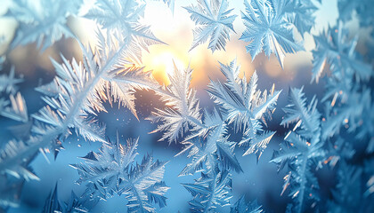 Crystal Winter: Delicate ice crystals adorn a windowpane, their intricate structures glistening in the soft morning light, evoking the beauty and stillness of a winter morning.