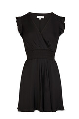 Elegant black faux wrap v neckline short sleeve ruffled hem a line mini dress