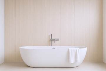 Fototapeta premium Minimalist Bathroom Interior with Freestanding Bathtub, Modern Faucet, and Neutral Color Palette for Relaxation