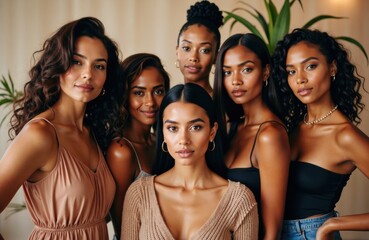 Obraz premium Group of women posing together in stylish neutral outfits and natural makeup