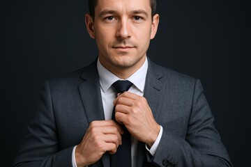 Confident Businessman Adjusting Tie in a Formal Suit, Portrait on a Dark Gray Background