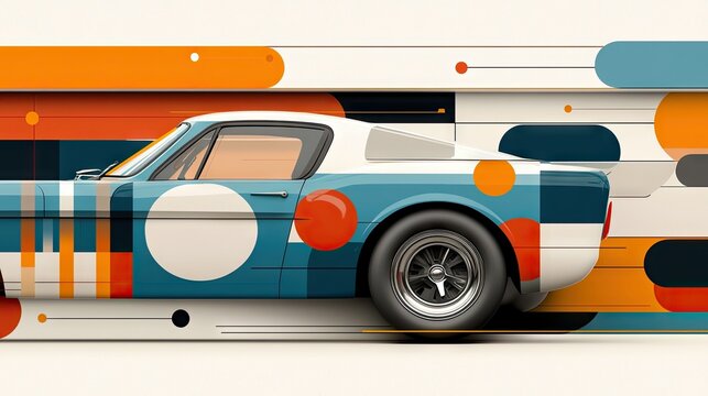 Fototapeta A vintage car with a colorful geometric design is depicted in motion against a white background.