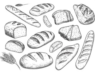 Black and white sketch style assorted breads; baguettes, loaves and slices on a white background