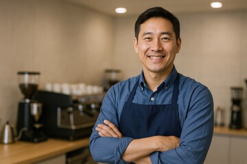 Smiling Asian Barista in Apron Posing Confidently in Coffee Shop, Ready to Serve Customers