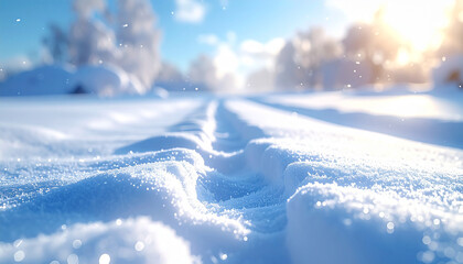 Obraz premium Snowy Path Under Sun: A close-up view reveals a pristine snow-covered path, leading the eye into a wintry wonderland under the radiant sun. A tranquil, silent winter landscape.