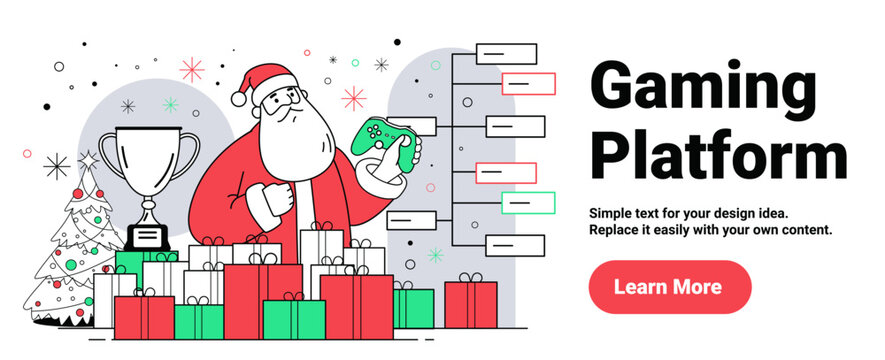 Santa gaming Christmas tournament festive gifts trophy tree bracket chart modern website banner - Powered by Adobe