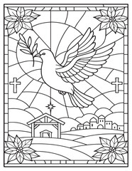 Christmas stained glass coloring page with dove, olive branch, nativity scene