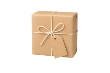 Small brown kraft gift box tied with string and tag