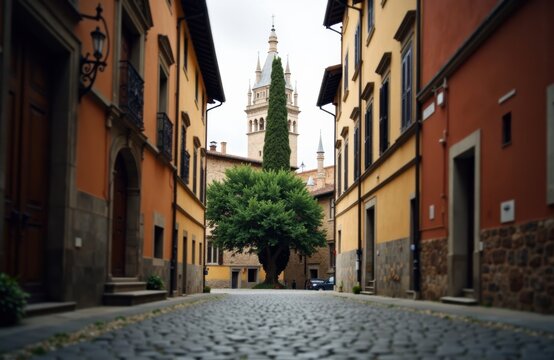 Cobblestone street between historic buildings leading to a tree and distant bell tower - Powered by Adobe