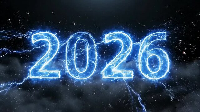 Dramatic blue lightning bolts striking dark storm clouds to form the glowing year 2026 text for energetic new year celebration background