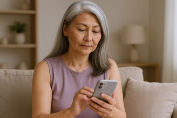 Mature Woman with Silver Hair Using Smartphone on Sofa, Connecting and Engaging with Technology