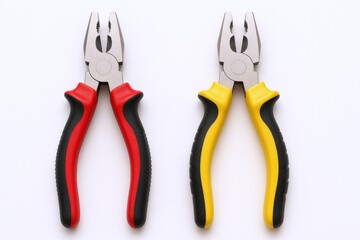 Obraz premium Two Combination Pliers with Different Colored Handles Isolated on White Background, Versatile Hand Tools