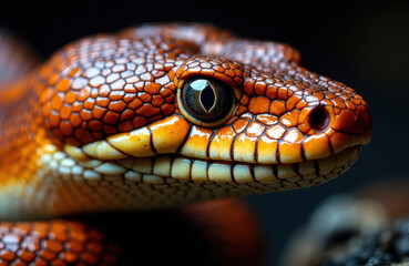 Obraz premium Orange snake head with intricate scales and a sharp focused eye in closeup